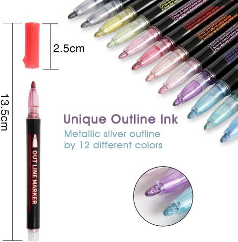 Super Squiggles Outline Markers Self-Outline Metallic Markers Glitter Doodle Drawing Double Line Shimmer Marker Pens (12 Color) in Kuwait