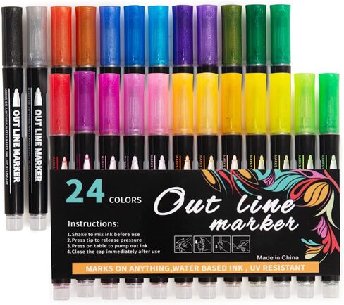 Super Squiggles Outline Markers Self-Outline Metallic Markers Glitter Doodle Drawing Double Line Shimmer Marker Pens (12 Color) in Kuwait