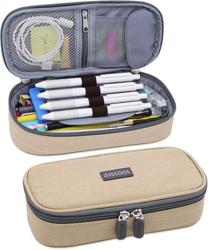 Aiscool Big Capacity Pencil Case Holder Canvas Bag Pen Organizer Pouch Stationery Box Oxford Cloth Large Storage for School Supplies School Office Stuff (Khaki) in Kuwait