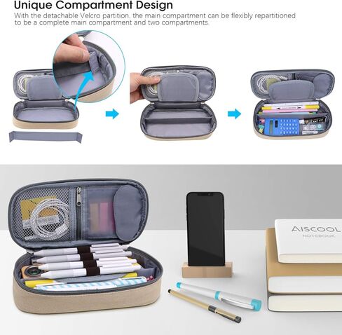 Aiscool Big Capacity Pencil Case Holder Canvas Bag Pen Organizer Pouch Stationery Box Oxford Cloth Large Storage for School Supplies School Office Stuff (Khaki) in Kuwait