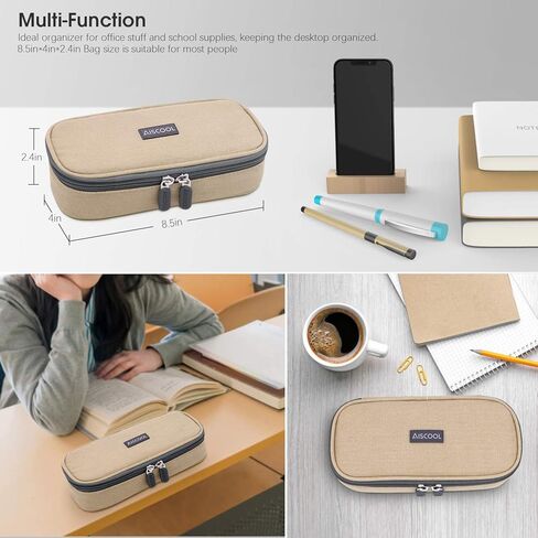 Aiscool Big Capacity Pencil Case Holder Canvas Bag Pen Organizer Pouch Stationery Box Oxford Cloth Large Storage for School Supplies School Office Stuff (Khaki) in Kuwait