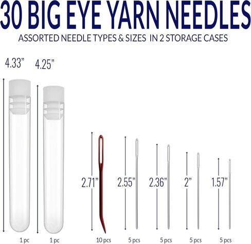 30 Pieces Yarn Needles Set - Includes 10 Bent Tip Tapestry Needles and 20 Blunt Embroidery Needles with Large Eye - Ideal for Crafting, Cross-Stitch, Darning, Finishing Knit, Weave, Crochet, and DIY in Kuwait