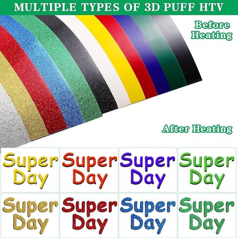 12 Pcs 3D Puff Print Heat Transfer Vinyl - Glitter Multi-Color Puff HTV Iron on Heat Transfer Vinyl for Heat Press T-Shirt Clothes Hats Compatible with Cricut Air or Maker (Assorted Color, 10"x12") in Kuwait