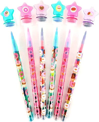 TINYMILLS 24 Pcs Donuts 2 in 1 Stackable Stacking Crayon with Extra Stamper Topper, Kids Party Favors, Goodie Bag Stuffers, Classroom Rewards, Prizes in Saudi Arabia