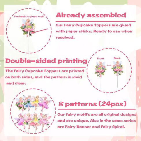 24PCS Fairy Cupcake Toppers NO-DIY Fairy Cake Toppers Fairy Cake Decorations Fairy Party Decorations Fairy Birthday Party Supplies Fairy Baby Shower Supplies Fairy First Birthday Decorations in Kuwait