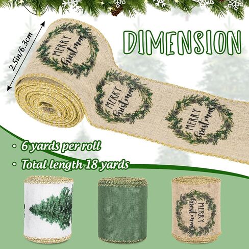 AnyDesign عيد الميلاد السلكية حافة الشريط 2.5 بوصة الأبيض الأخضر شجرة عيد الميلاد الحرفية الشريط الذهب بريق السلكية النسيج الشريط لتغليف DIY القوس إكليل صنع الحرف اليدوية، 18 ياردة، 3 لفات in Saudi Arabia