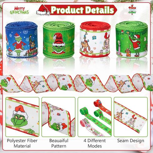 شريط Grinch سلكي مقاس 2.5 بوصة - 4 أشرطة عيد الميلاد بطول 30 ياردة لأكاليل الزهور والأقواس والحرف اليدوية - شريط سلكي للعطلات لأكاليل الزهور والحرف اليدوية in Kuwait