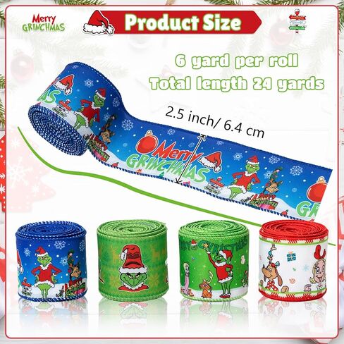 شريط Grinch سلكي مقاس 2.5 بوصة - 4 أشرطة عيد الميلاد بطول 30 ياردة لأكاليل الزهور والأقواس والحرف اليدوية - شريط سلكي للعطلات لأكاليل الزهور والحرف اليدوية in Kuwait