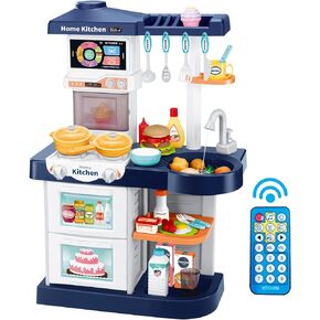 Kids Play Kitchen Playset, Toddler Toy Kitchen with Remote Control Lights and Music,Pretend Steam and Play Sink, Blue Kitchen Accessories Set for Kid, Birthday for Boy Girl