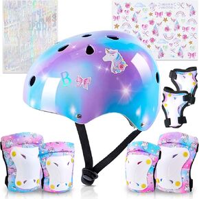 Kids Helmet, Toddler Bike Helmet with DIY Stickers Unicorn Knee Pads and Elbow Pads Set Adjustable Protective Gear Set for Girls Age 3-5-8 Years fit Roller Skates, Bicycle, Skateboarding, Scooter