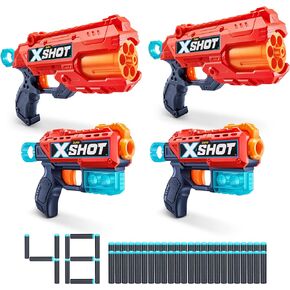 Excel 2 Reflex 6 + 2 Kickback (4 Pack + 48 Darts + 3 Shooting Targets) by ZURU, X-Shot Red Foam Dart Blaster, Toy Blaster, Rotating Barrels, Toys for Kids, Teens, Adults (Red)