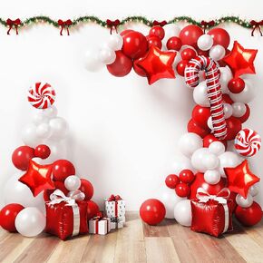 HOUSE OF PARTY Graduation Balloons Garland Kit - 140 Pcs | Red and White Christmas Foil Balloons | Mylar Balloons with Candy Cane and Gold Star Balloons for Party and Christmas Decoration