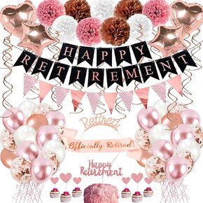 Rose Gold Retirement Party Decorations, 63 Pcs Retirement Party Decorations for Women Happy Retirement Banner Hanging Swirls Foil Balloon Cake Toppers Retired Sash Retirement Party Supplies