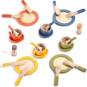 GAGAKU Wooden Play Food Sets for Kids Kitchen,Montessori Wooden Play Food Toys Play Plates and Dishes for Kids Wooden Play Kitchen Accessories Play Dishes for Toddler Boys Girls Gifts