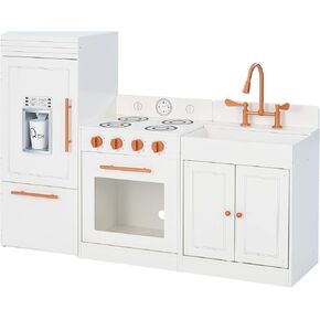 Teamson Kids Little Chef Paris Modular Contemporary Interactive Wooden Play Kitchen with Refrigerator, Oven, Sink, and Storage Space for Easy Clean Up, White with Rose Gold Finishes