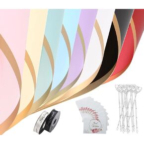 picheng أوراق ورق تغليف الزهور ذات الحافة الذهبية المقاومة للماء، 40 ورقة 8 ألوان 22.8 × 22.8 بوصة باقة زهور طازجة شفافة لتغليف الهدايا لوازم باقة الزهور in Kuwait