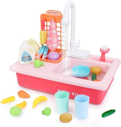 BOBXIN Play Sink with Running Water, Kids Play Kitchen Toy Sink Electric Dishwasher, Pretend Role Play Kitchen Toys Set with Upgraded Working Faucet and Dishes Playset for Girls, Toddler and Boys in Saudi Arabia