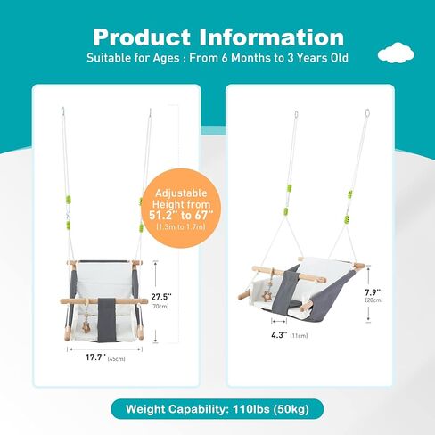 سرير أرجوحة مريح للأطفال من Troispot، قماش آمن وكرسي أرجوحة خشبي معلق للأطفال والرضع والأطفال الصغار وألعاب الأطفال، أرجوحة داخلية وخارجية لملعب داخلي أو أرجوحة شجرة أو الفناء الخلفي، D2 in Kuwait