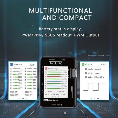 ToolkitRC MC8 Smart Battery Multi-Checker Battery Balancer Charger Mini Size Cell Checker 32 Bit Battery Multi-Checker PWM Output PPM SBUS Readout with USB-C Fast Charging in Saudi Arabia