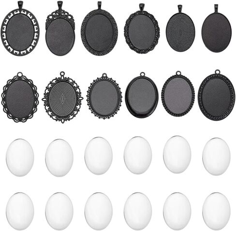 PH PandaHall 60pcs Pendant Tray Kit, 30pcs 5 Color Oval Pendant Blank Bezel, 30pcs 25 x 18mm Glass Cabochon Dome Tiles Clear Cameo Memorial Photo Pendant for Wedding Bouquet Graduation Photo Charm in Kuwait