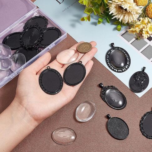 PH PandaHall 60pcs Pendant Tray Kit, 30pcs 5 Color Oval Pendant Blank Bezel, 30pcs 25 x 18mm Glass Cabochon Dome Tiles Clear Cameo Memorial Photo Pendant for Wedding Bouquet Graduation Photo Charm in Kuwait