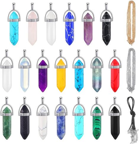 20 Pieces Crystal Necklaces, Include 20 Pieces Hexagonal Pointed Chakra Pendant Bullet Shape Quartz Crystal Natural Hexagon Stone Crystal Pendant and 20 Pieces Black Leather Silver Gold Alloy Chain in Saudi Arabia