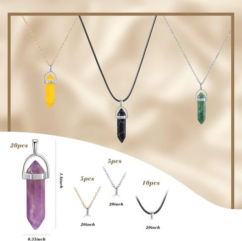 20 Pieces Crystal Necklaces, Include 20 Pieces Hexagonal Pointed Chakra Pendant Bullet Shape Quartz Crystal Natural Hexagon Stone Crystal Pendant and 20 Pieces Black Leather Silver Gold Alloy Chain in Saudi Arabia