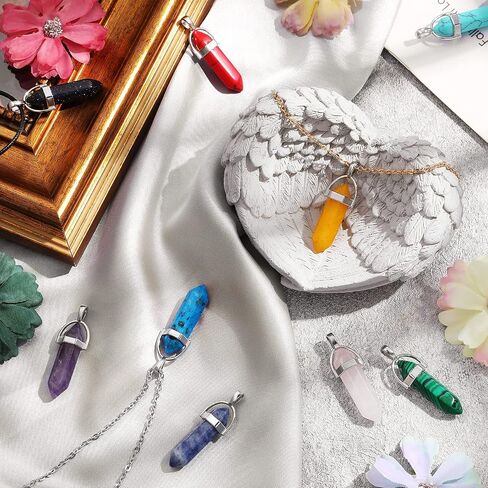 20 Pieces Crystal Necklaces, Include 20 Pieces Hexagonal Pointed Chakra Pendant Bullet Shape Quartz Crystal Natural Hexagon Stone Crystal Pendant and 20 Pieces Black Leather Silver Gold Alloy Chain in Saudi Arabia