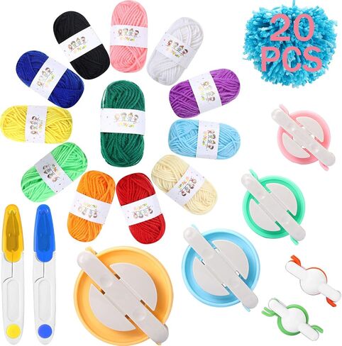 6 Size Pompom Maker Fluff Ball Waver with 12 Colors Acrylic Yarn Skeins Thread Cutter Scissors DIY Wool Knitting Craft Tool Set for Christmas Xmas Birthday Baby Shower Wedding Decoration in Saudi Arabia