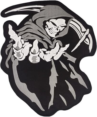 14'' Large Black & Grey Hooded Grim Reaper Skull Embroidered Iron on Patch in Saudi Arabia