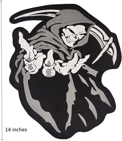 14'' Large Black & Grey Hooded Grim Reaper Skull Embroidered Iron on Patch in Saudi Arabia