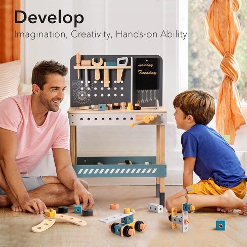 ROBOTIME Wooden Tool Bench for Kids Toy Play Workbench Workshop with Tools Set, Creative Wood Construction Tool Bench Toy for 3 4 5 Year Old Boys Girls in Saudi Arabia