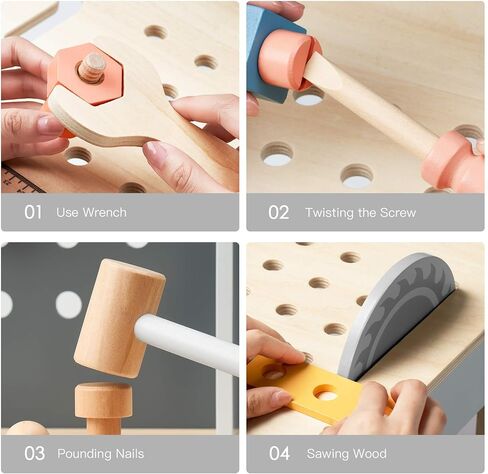 ROBOTIME Wooden Tool Bench for Kids Toy Play Workbench Workshop with Tools Set, Creative Wood Construction Tool Bench Toy for 3 4 5 Year Old Boys Girls in Saudi Arabia