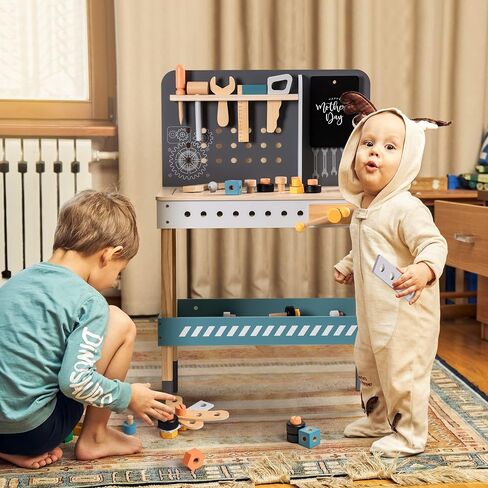 ROBOTIME Wooden Tool Bench for Kids Toy Play Workbench Workshop with Tools Set, Creative Wood Construction Tool Bench Toy for 3 4 5 Year Old Boys Girls in Saudi Arabia