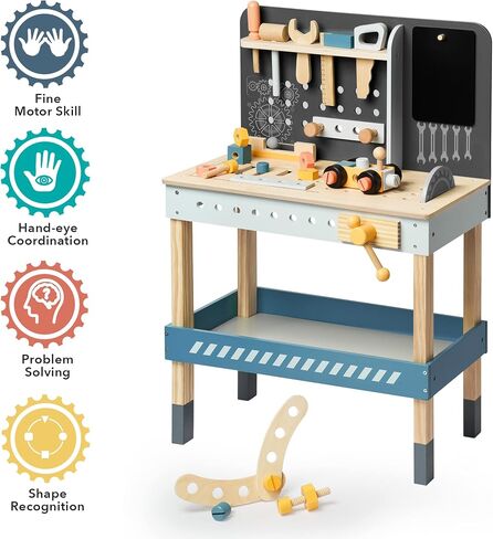 ROBOTIME Wooden Tool Bench for Kids Toy Play Workbench Workshop with Tools Set, Creative Wood Construction Tool Bench Toy for 3 4 5 Year Old Boys Girls in Saudi Arabia