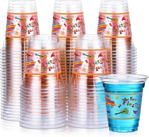 100 Pcs 12 oz Let's Fiesta Plastic Cups Mexican Cups Cinco De Mayo Party Decorations Fiesta Disposable Plastic Cups Mexican Theme Taco Party Birthday Halloween Day of the Dead (Bright Style) in Kuwait