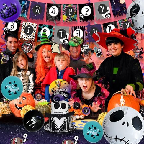 CAILESS Birthday Party Decorations - Nightmare Christmas Party Supplies 104Pcs, Included Birthday Banner Tablecloth Cake Toppers Balloon Hanging Swirls and Stickers for Kids Birthday Party in Kuwait