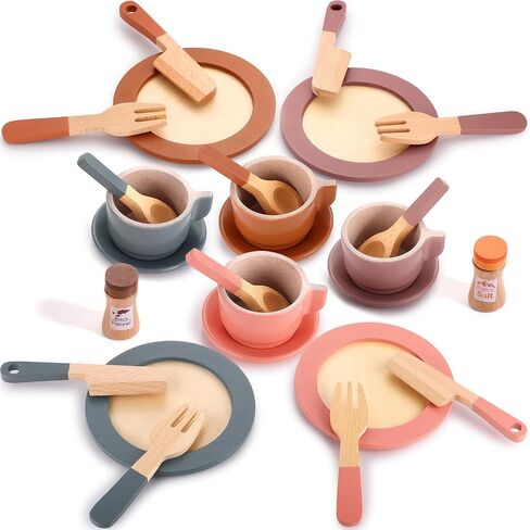 GAGAKU Wooden Play Food Sets for Kids Kitchen,Montessori Wooden Play Food Toys Play Plates and Dishes for Kids Wooden Play Kitchen Accessories Play Dishes for Toddler Boys Girls Gifts in Kuwait