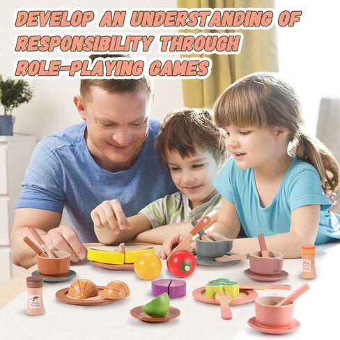 GAGAKU Wooden Play Food Sets for Kids Kitchen,Montessori Wooden Play Food Toys Play Plates and Dishes for Kids Wooden Play Kitchen Accessories Play Dishes for Toddler Boys Girls Gifts in Kuwait