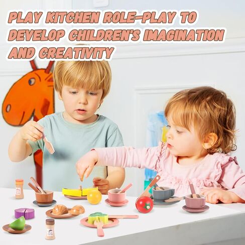 GAGAKU Wooden Play Food Sets for Kids Kitchen,Montessori Wooden Play Food Toys Play Plates and Dishes for Kids Wooden Play Kitchen Accessories Play Dishes for Toddler Boys Girls Gifts in Kuwait