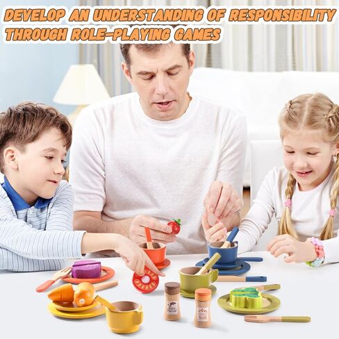 GAGAKU Wooden Play Food Sets for Kids Kitchen,Montessori Wooden Play Food Toys Play Plates and Dishes for Kids Wooden Play Kitchen Accessories Play Dishes for Toddler Boys Girls Gifts in Kuwait