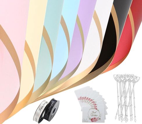 picheng أوراق ورق تغليف الزهور ذات الحافة الذهبية المقاومة للماء، 40 ورقة 8 ألوان 22.8 × 22.8 بوصة باقة زهور طازجة شفافة لتغليف الهدايا لوازم باقة الزهور in Kuwait