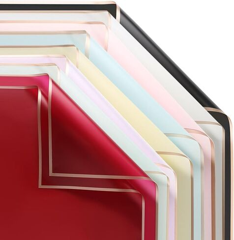 picheng أوراق ورق تغليف الزهور ذات الحافة الذهبية المقاومة للماء، 40 ورقة 8 ألوان 22.8 × 22.8 بوصة باقة زهور طازجة شفافة لتغليف الهدايا لوازم باقة الزهور in Kuwait