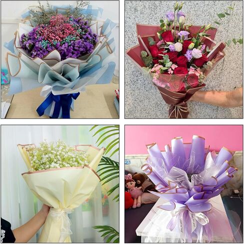 picheng أوراق ورق تغليف الزهور ذات الحافة الذهبية المقاومة للماء، 40 ورقة 8 ألوان 22.8 × 22.8 بوصة باقة زهور طازجة شفافة لتغليف الهدايا لوازم باقة الزهور in Kuwait