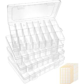 4 عبوات من QUEFE مكونة من 24 شبكة لتنظيم الخرز وتخزينه، صندوق منظم بلاستيكي مع مقسم قابل للإزالة، صندوق منظم للحرف اليدوية للمجوهرات والأجزاء الصغيرة والوجبات الخفيفة، مع 8 أوراق من ملصقات الملصقات in Kuwait