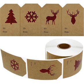 400 Pieces Christmas Holiday Present Tag Labels Christmas Kraft Paper Stickers with Red and Black Plaid Elk Snowflake Christmas Tree for Christmas School Home Office Present Tags Cups Bottles in Saudi Arabia