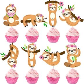 24pcs Sloth Cupcake Toppers Decorations Sloth Birthday Party Supplies Sloth Party Decorations for Kids Girls Sloth Theme Cute Animal Theme Birthday Party Wedding Baby Shower Supplies