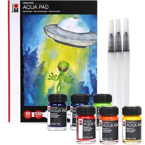 Marabu Watercolor Paint Set - Watercolor Paper Pad with 20 Sheets, A4 220 GSM - 6 Watercolor Inks, 3 Refillable Water Brushes - Watercolor Kit for Adults and Kids in Kuwait