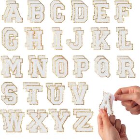 52Pcs Self-Adhesive Iron on Letters for Clothing, Chenille Letter Patches Stick on Varsity Letter Patches A-Z Glitter Iron on Letters for Fabric DIY Backpacks Hat Alphabet Embroidered Applique Preppy