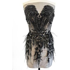 Pure handsewing Beads Trim Patches Rhinestones Bodice Applique with Ostrich Fur Decoration Shining Dress Clothing Accessories (Black)
